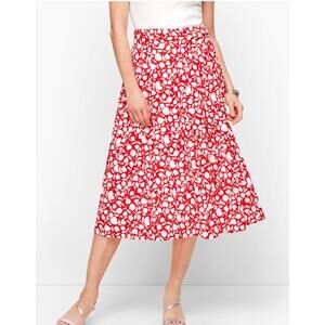 Talbots Red Floral Cotton  Midi Skirt Size 14 NWT